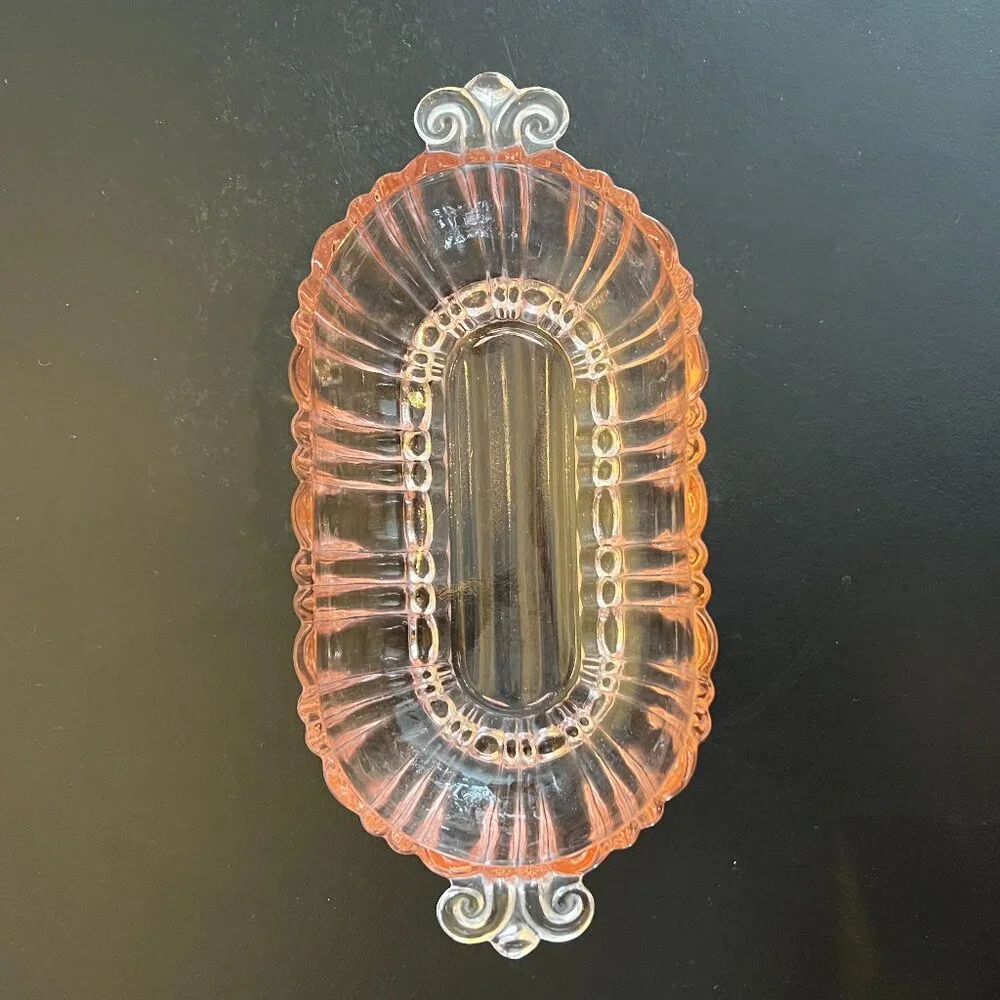 Vintage Anchor Hocking Old Cafe Pink Depression Glass Oval Relish Serving Dish